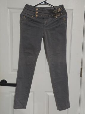 Women's Gray Skinny Jeans with Decorative Gold Buttons